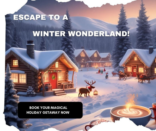 Snowy landscape with log cabins, Christmas lights, a couple enjoying cocoa, and Santa's sleigh in the distance