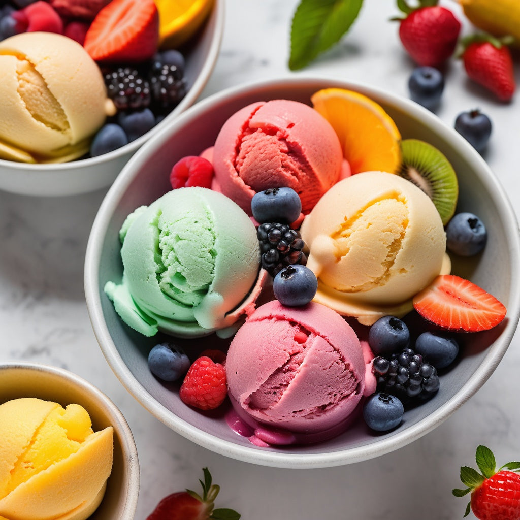 Sorbet scoops with fresh fruit garnish