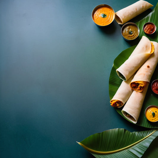 Vibrant South Indian Dosa with Colorful Chutneys on a Banana Leaf