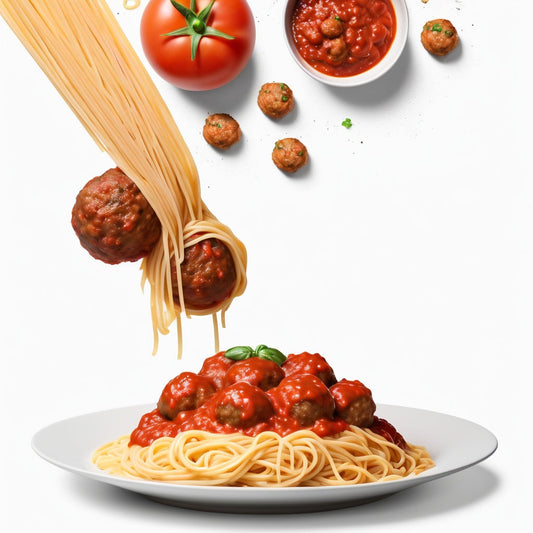 A white background with spaghetti noodles, tomato sauce, and meatballs scattered along the borders, leaving space in the center for product placement.