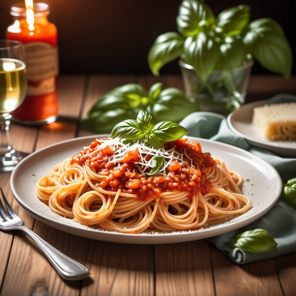 A plate of spaghetti topped with tomato sauce, basil leaves, and Parmesan cheese, styled on a rustic wooden table.