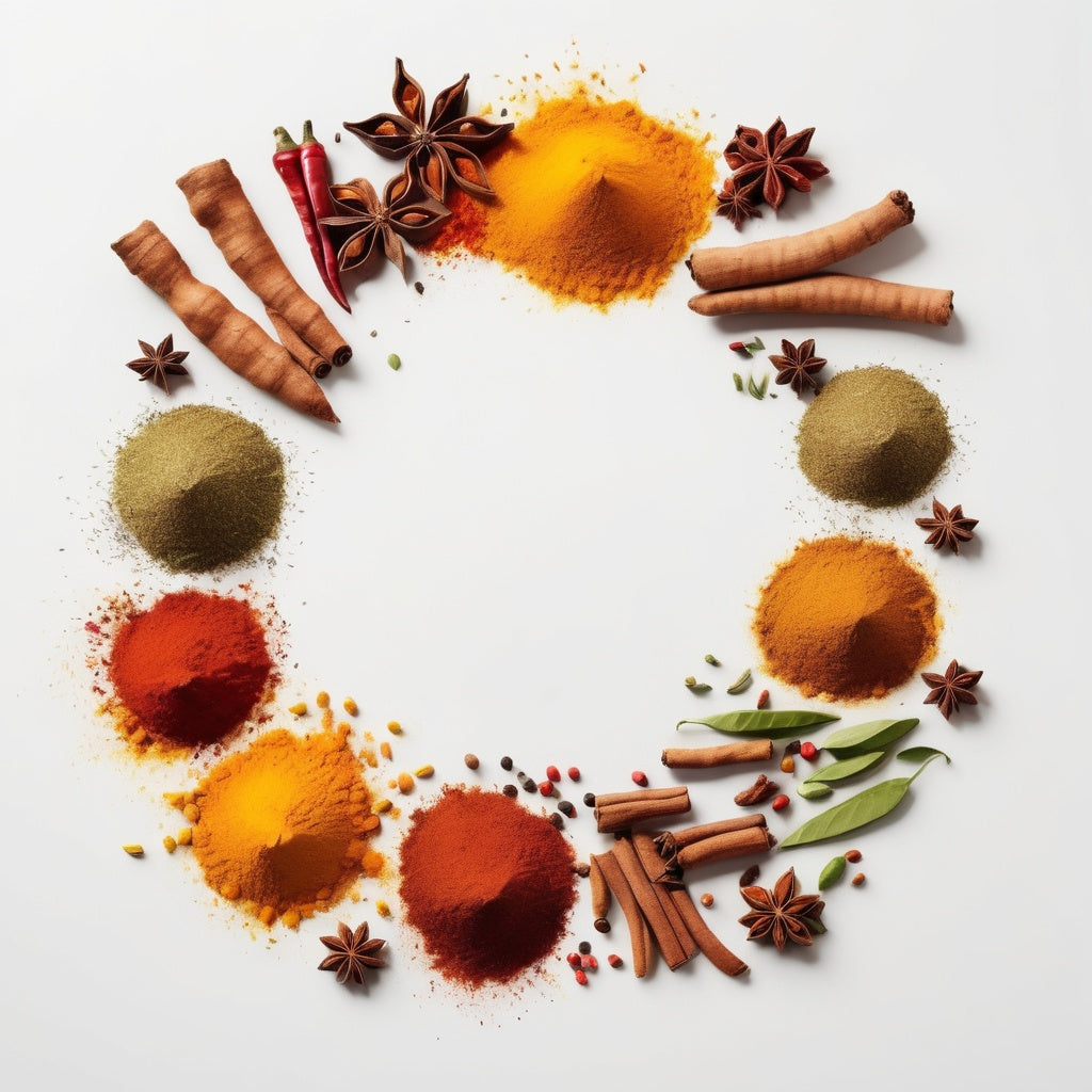 A white background with colorful spices scattered along the edges, leaving the center empty for product placement.