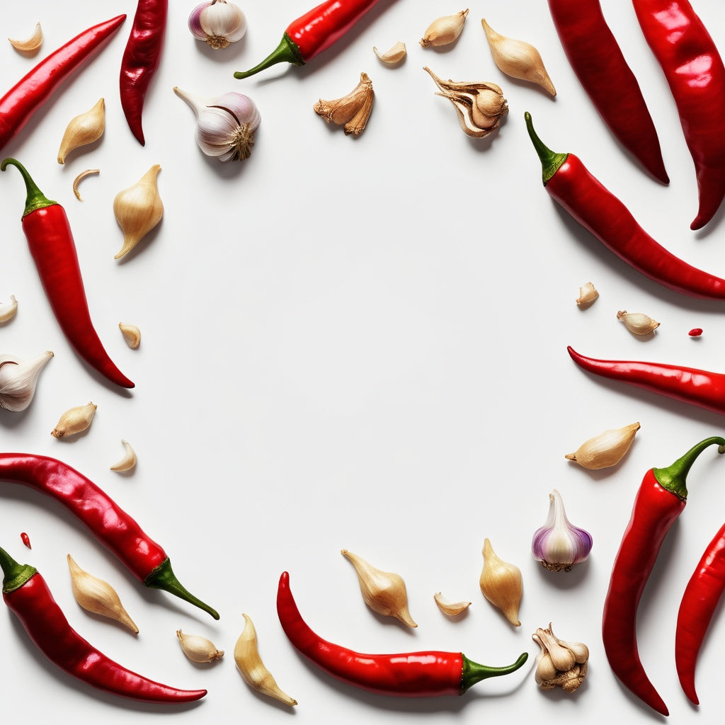 A white background with chili peppers, garlic cloves, and ginger root scattered along the borders.