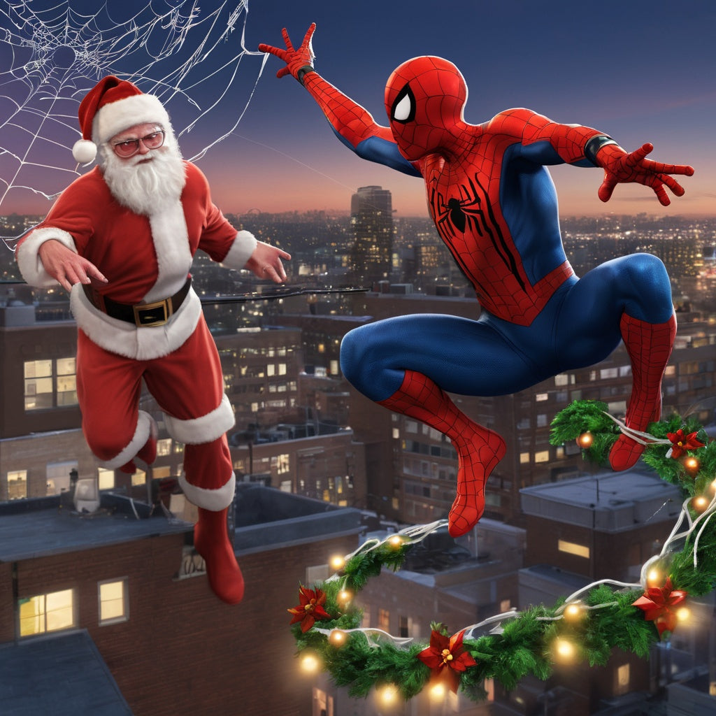 Spider-Man and Santa on rooftop, Spider-Man hanging Christmas lights with webs