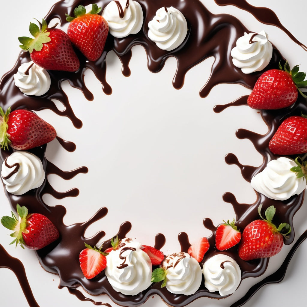 A clean white background with fresh strawberries, whipped cream, and chocolate syrup scattered in the corners.