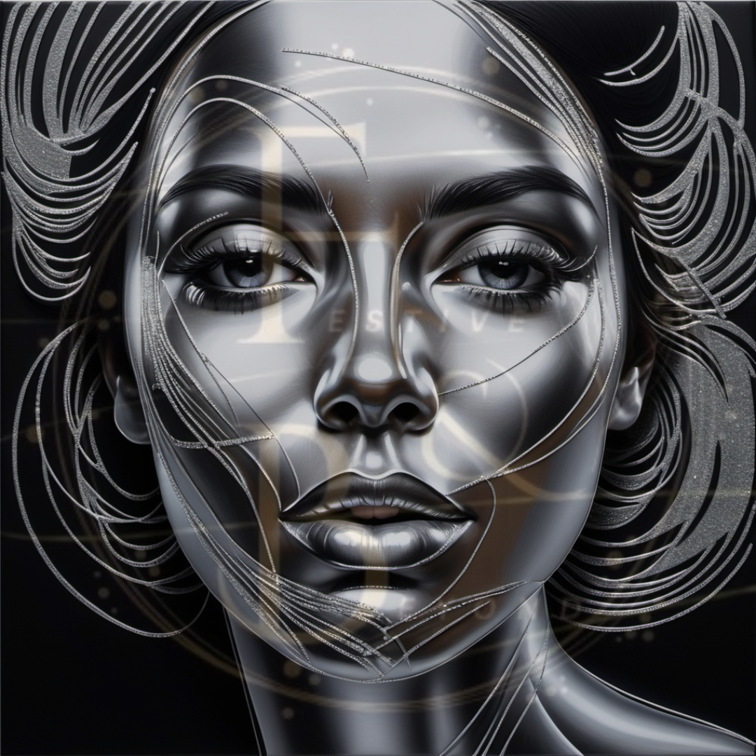 Abstract portrait formed with silver strokes and glittering details on a matte black background.