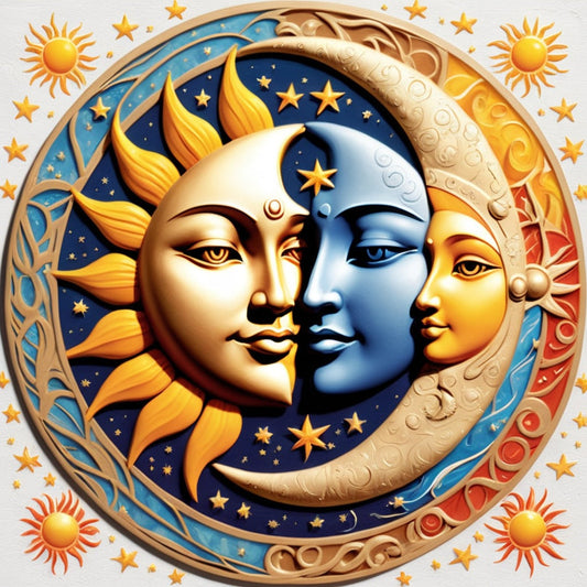 Abstract design of sun and moon intertwining in gold