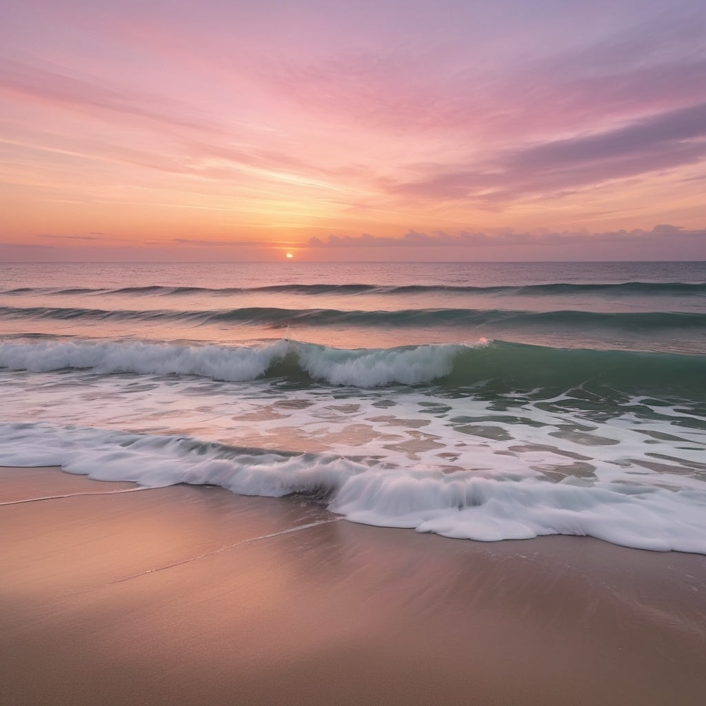 A peaceful sunset over calm ocean waves with pastel-colored skies.