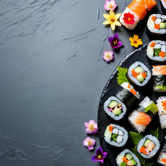 Beautiful Sushi Rolls Garnished with Edible Flowers and Wasabi