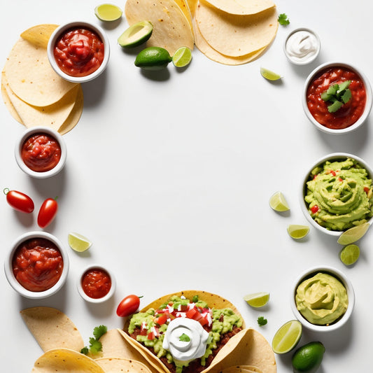 A clean white background with tacos, guacamole, sour cream, and salsa scattered in the corners.