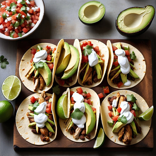 A variety of tacos with grilled chicken, beef, avocado, salsa, and lime wedges on a rustic wooden board.