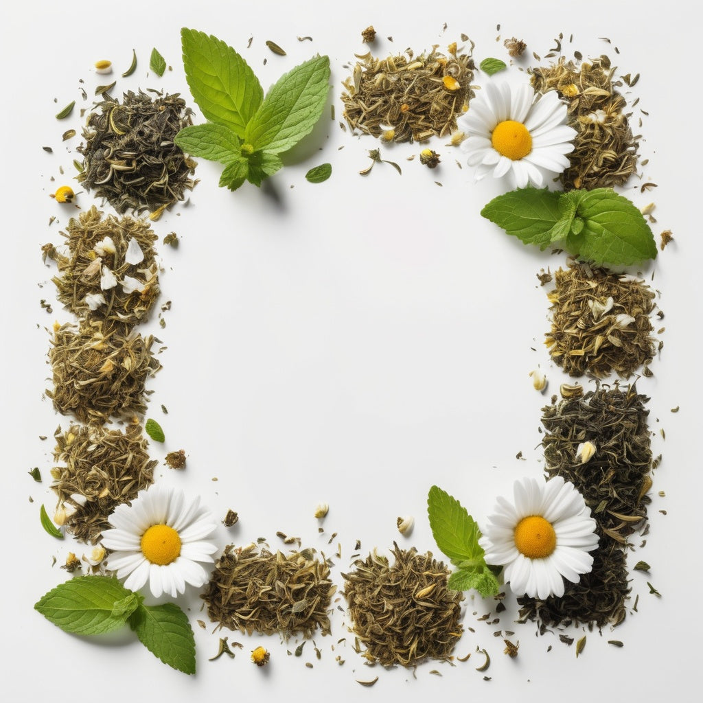 A white background with tea leaves and dried herbs like chamomile and mint along the edges, leaving the center clear for product placement.