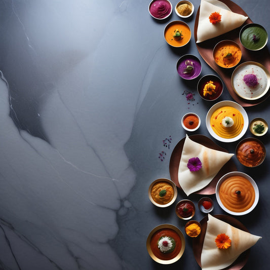 Grand Temple-Shaped Dosa with Vibrant Chutneys on a Marble Platter