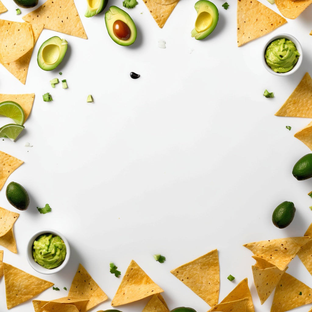 A white background with tortilla chips, guacamole, and sour cream scattered in the corners.