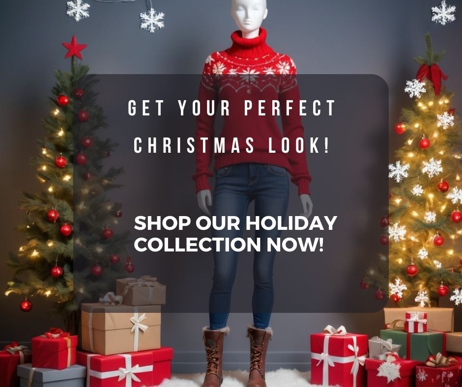 Trendy winter outfit with red Christmas sweater, jeans, boots, and festive decor