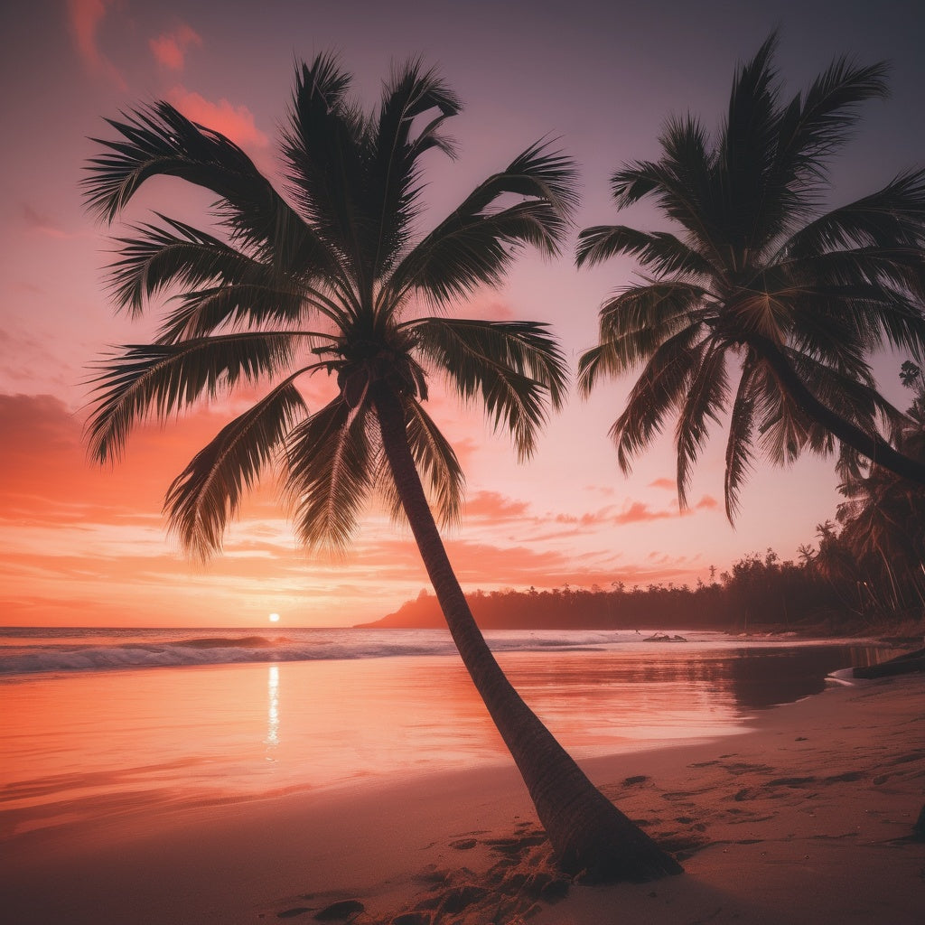 Tropical beach scene with palm trees and a golden sunset, creating a relaxing, vacation-inspired atmosphere