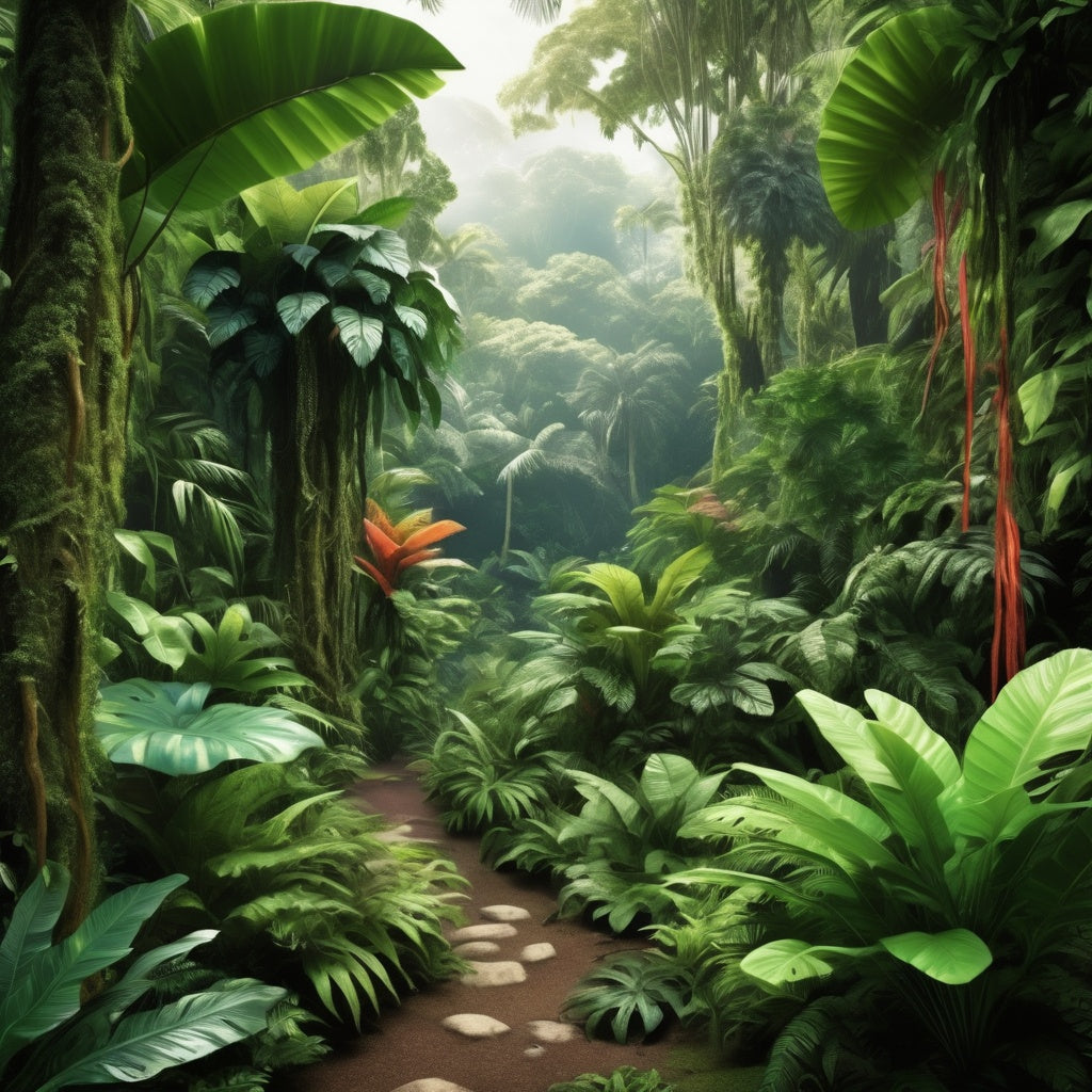 A dense and vibrant tropical rainforest filled with lush green foliage and exotic plants, radiating tropical vibes.