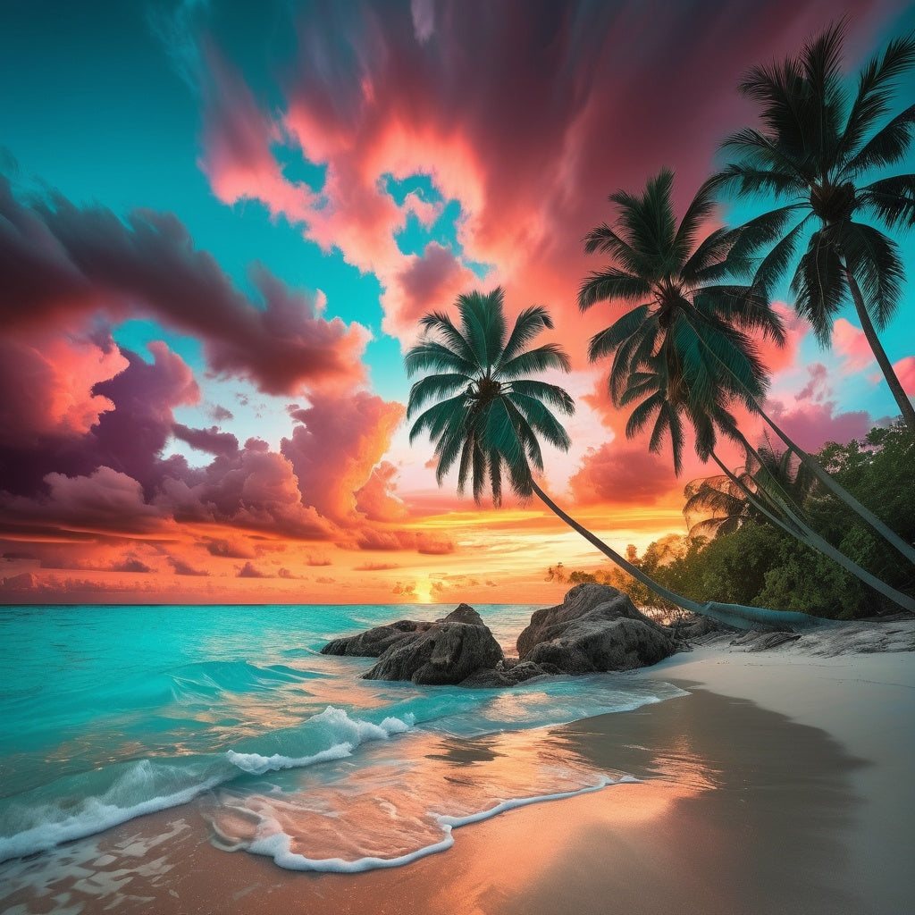 Stunning tropical beach sunset over the turquoise waters of Mauritius with palm trees silhouetted