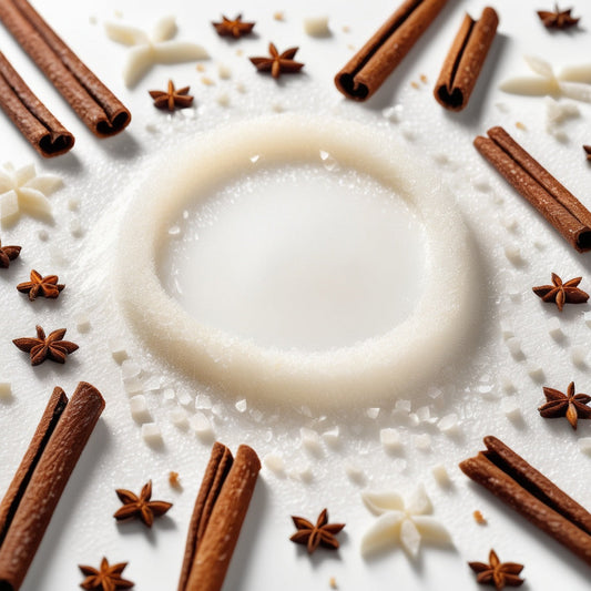 A white background with vanilla beans and sugar crystals scattered along the borders, leaving the center clear for product placement.