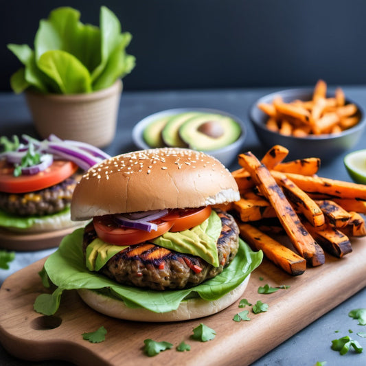 A vegan burger with avocado and sweet potato fries served on a rustic wooden board, styled with vibrant vegetables.