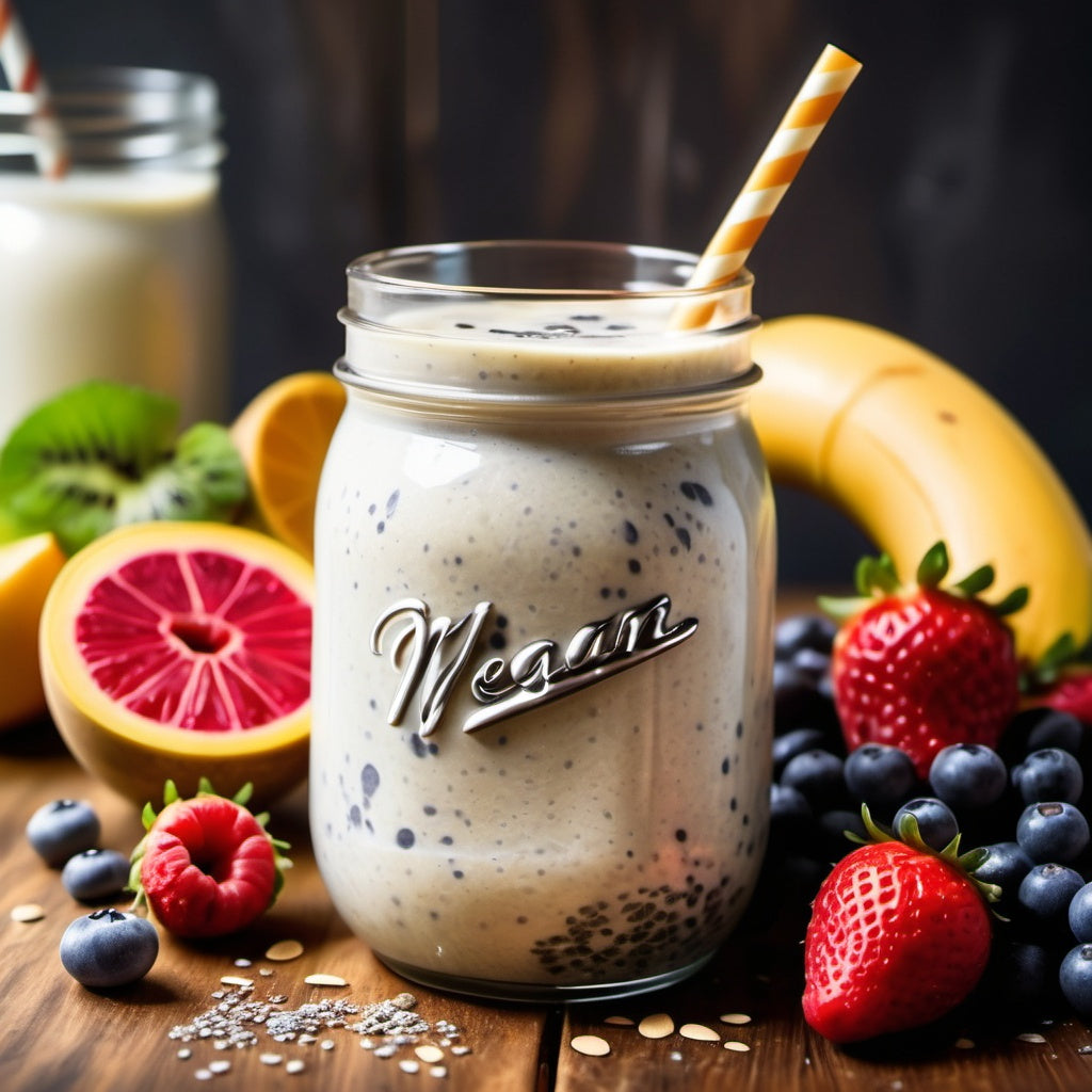 A refreshing vegan smoothie with almond milk, chia seeds, and fresh fruits, set on a rustic wooden surface.