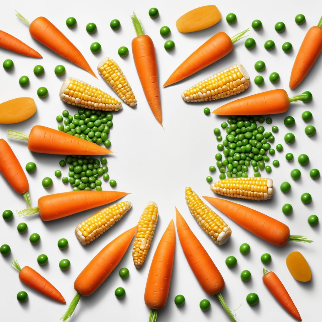 A white background with carrot slices, corn kernels, and peas scattered along the edges, leaving space in the center for product placement.