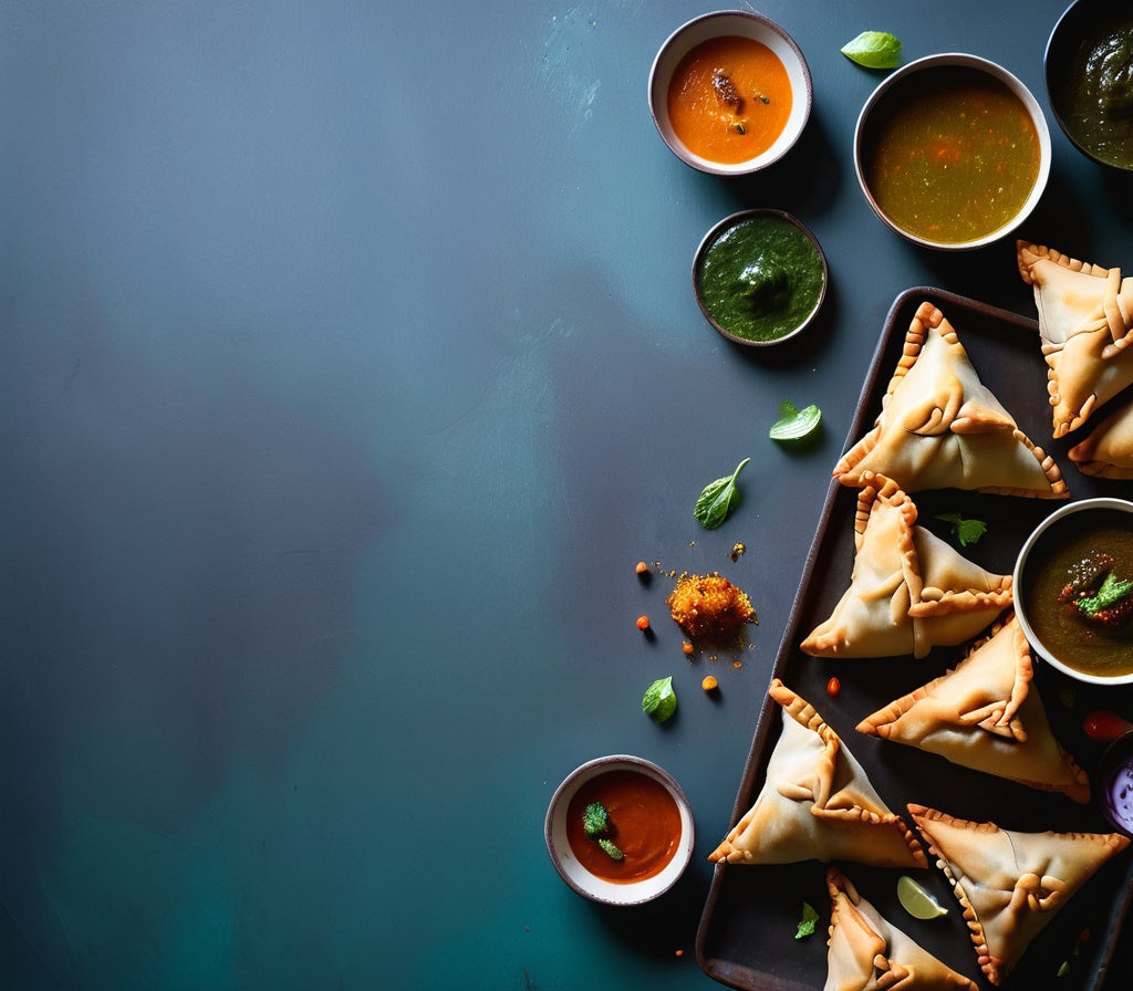 Vegetable Samosas with Tamarind Chutney and Mint Sauce