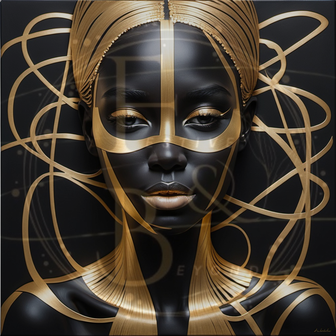 Abstract portrait with glittering gold lines, set on a matte black background.