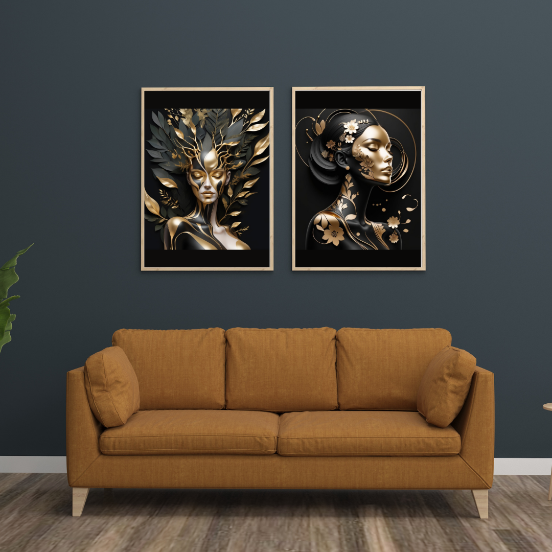 Abstract woman with wild forest elements in black and gold, enhanced with marble golden sprays.