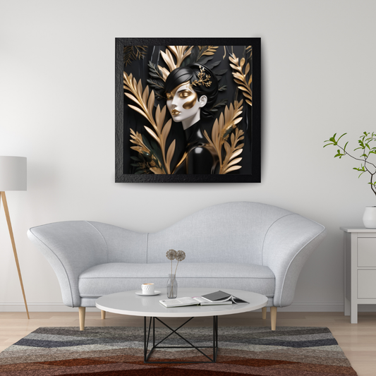 Abstract woman with forest accents and golden marble sprays on a black background.