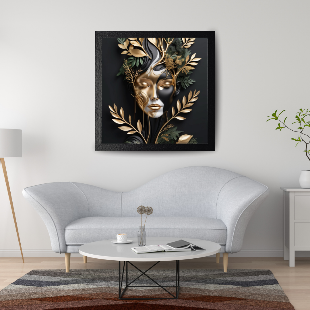 Abstract woman in wild forest, with golden marble accents on black.