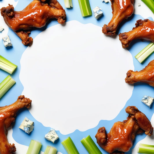 A clean white background with chicken wings, buffalo sauce, celery, and blue cheese scattered in the corners.